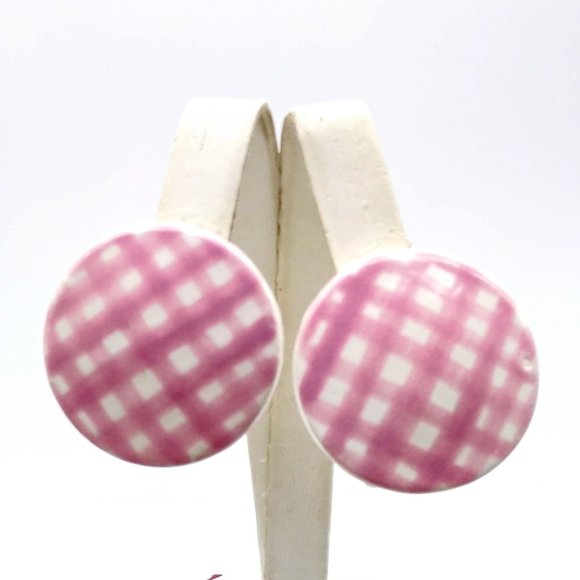 Vintage Pink and White Porcelain Earrings, Post Stud Large Circles - Picture 4 of 5